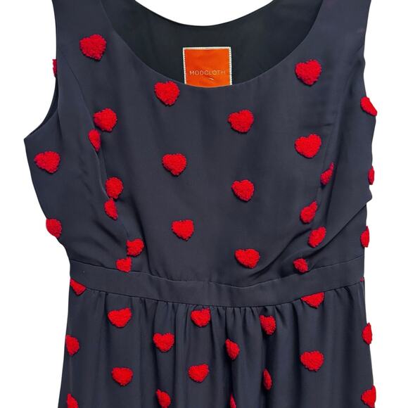 ModCloth Dress Navy Blue Chiffon Fuzzy Heart Appliqué Medium Twee Retro Quirky - Picture 2 of 9